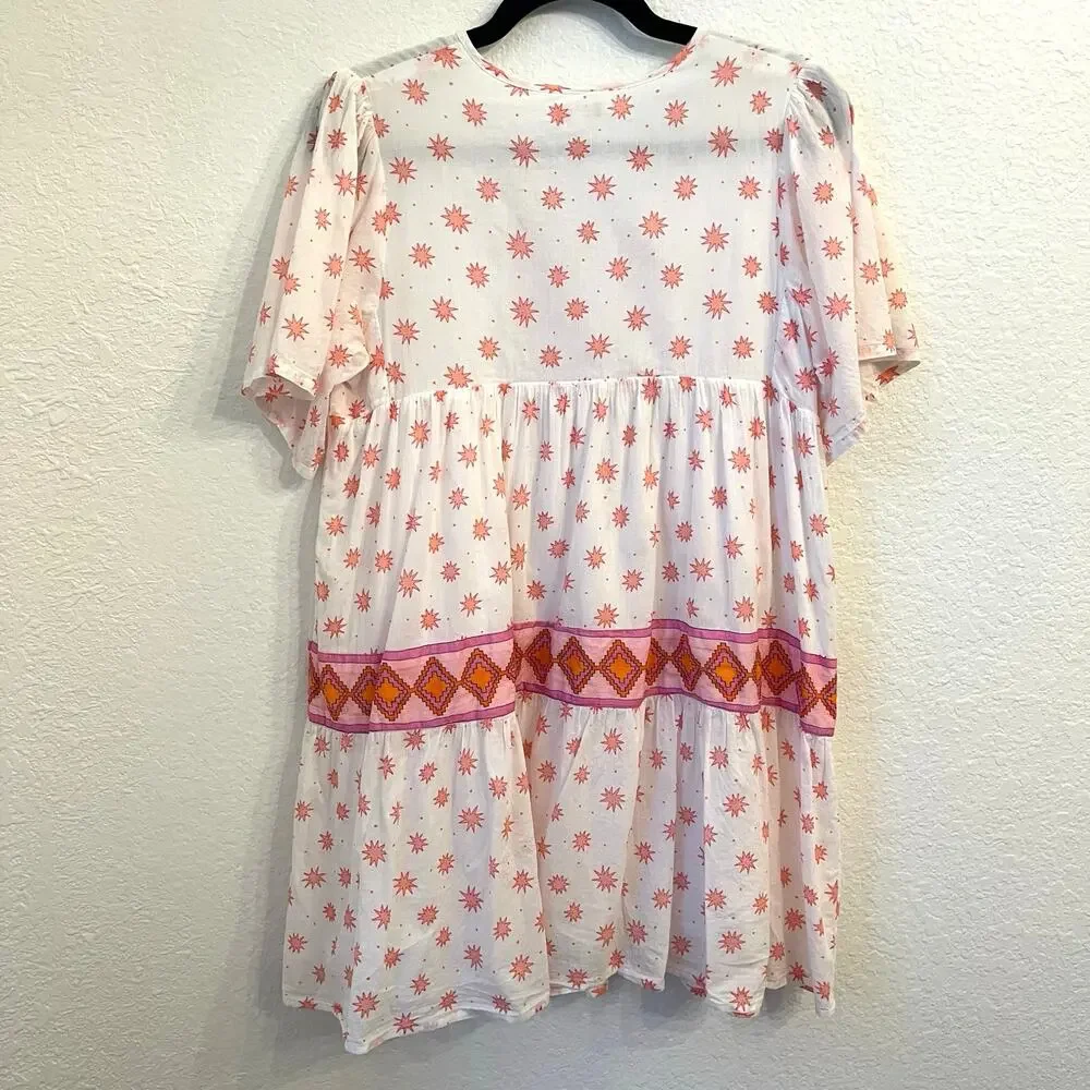 Marea Tiki Dress S Mini Starburst Aztec Print Beachy Coverup Boho Resort‎ White